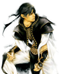  1boy black_hair commentary_request eyepatch gauntlets gensou_suikoden gensou_suikoden_v georg_prime headband male_focus photoshop_(medium) robe shichimi_(crib) solo 