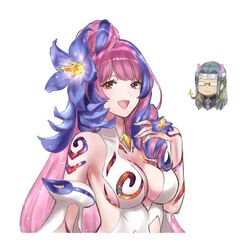  1boy breasts check_commentary commentary commentary_request female flower hair_flower hair_ornament large_breasts lisa_(lisa_lisa_life) looking_at_viewer macross macross_delta mikumo_guynemer multicolored_hair purple_hair red_eyes roid_brehm two-tone_hair 