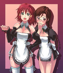  2girls apron blush braid breasts brown_eyes brown_hair clala cleavage cosplay dream_c_club e20 futaba_riho futaba_riho_(cosplay) glasses green_eyes highres mio_(dream_c_club) mio_(dream_c_club)_(cosplay) multiple_girls quiz_magic_academy red_hair ruquia short_hair smile thighhighs twin_braids waitress 