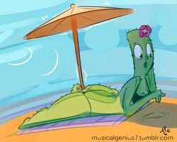  5:4 ass beach bikini bra breasts cactus clothing dasha_the_cactus detailed_background elemental_creature female flora_fauna flower hi_res humanoid lying musikalgenius not_furry outside plant sand sea seaside sky solo string swimwear text umbrella underwear url water 