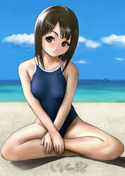  bad_id bad_pixiv_id beach black_hair brown_eyes day female indian_style mougira one-piece_swimsuit original outdoors photoshop_(medium) school_swimsuit short_hair sitting solo swimsuit ultra_series ultraman ultraman_(1st_series) when_you_see_it 