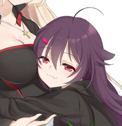  ahoge blonde_hair breasts collarbone cross cross_necklace g3_(girls_frontline) girls_frontline hair_ornament hug jacket jewelry large_breasts long_hair looking_at_viewer lowres multiple_girls necklace p226_(girls_frontline) philomelalilium purple_hair red_eyes smug solo_focus vest white_background 