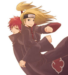  2boys akatsuki_uniform bad_id bad_pixiv_id blonde_hair blue_eyes deidara_(naruto) forehead_protector iwagakure_symbol long_hair looking_back multiple_boys naruto_(series) naruto_shippuuden red_hair sasori_(naruto) smile yupopo_(hidame) 