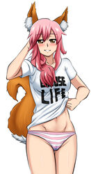  animal_ears asortofcolorfag blush breasts collarbone colorized commentary_request drawfag fate/extra fate_(series) female fox_ears fox_tail groin highres looking_at_viewer midriff navel open_mouth panties pink_hair shirt simple_background smile solo striped_clothes striped_panties t-shirt tail tamamo_(fate) tamamo_no_mae_(fate/extra) underwear white_background yellow_eyes 