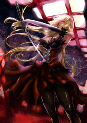  bakemonogatari bare_shoulders blonde_hair breasts cleavage commentary_request dress elbow_gloves female from_below gloves hair_ribbon hei_(heiyohei) highres kiss-shot_acerola-orion_heart-under-blade large_breasts long_hair monogatari_(series) oshino_shinobu pantyhose ribbon solo sword weapon yellow_eyes 