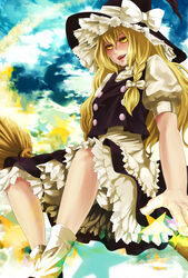  bad_hands bad_id bad_pixiv_id blonde_hair braid broom buttons cloud fangs female hat kirisame_marisa lips long_hair looking_at_viewer pochiharu smile solo teenage touhou witch_hat yellow_eyes 