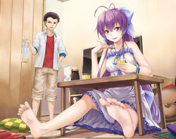  1boy annoyed antenna_hair bad_id bad_perspective bad_pixiv_id bag barefoot black_hair blue_eyes dress feet female food ghost long_hair photoshop_(medium) plastic_bag ponytail pudding purple_eyes purple_hair ryuugajou_nanana ryuugajou_nanana_no_maizoukin shinomoto_gekka short_hair shorts sitting smile soles sundress table toes very_long_hair yama_juugo 