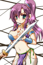  armband bikini_top breasts choker cleavage earrings faris_scherwiz female final_fantasy final_fantasy_5 green_eyes jacket jewelry loincloth long_hair midriff mystic_knight nau_yoroiduka ponytail purple_hair solo sword weapon white_background wristband yoroi_nau 