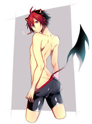  1boy ^^^ animal_ears ass bad_id bad_pixiv_id bulge clothes_pull commentary_request crow_(show_by_rock!!) dyed_bangs from_behind male_focus multicolored_hair red_eyes shorts shorts_pull show_by_rock!! simple_background solo tail toothbrush toothbrush_in_mouth topless_male trefoil two-tone_hair undressing zunmo 