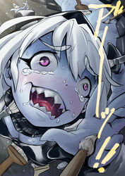  abyssal_ship bikini black_bikini brushing commentary_request female highres hood kabeu_mariko kantai_collection md5_mismatch o-ring o-ring_top open_mouth pale_skin photoshop_(medium) purple_eyes re-class_battleship scarf sharp_teeth short_hair smile solo swimsuit tears teeth tickle_torture tickling tickling_breasts tickling_hands tickling_neck white_hair 