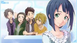  4boys :d ^_^ aqua_eyes arms_behind_head black_hair blue_hair brown_hair casual closed_eyes collarbone ducker end_card female grin jewelry kawakami_tetsuya keita_(sao) light_smile mole mole_under_eye multiple_boys necklace official_art open_mouth sachi_(sao) sasamaru_(sao) short_hair smile sword_art_online tetsuo_(sao) 