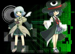  2others androgynous black_hair boots bow brown_coat coat collared_socks commentary_request cosplay detached_sleeves enraku_tsubakura enraku_tsubakura_(cosplay) eruu evanescent_existence geta grey_eyes grey_hair hat highres houlen_yabusame large_hat len&#039;en multiple_others other_focus red_ribbon ribbon senri_tsurubami short_hair shorts smile tabi top_hat 