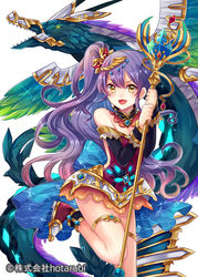  :d armor armored_dress beast_battle_chronicle_zero blush commentary_request copyright_name creature detached_sleeves female jewelry long_hair necklace oerba_yun_fang open_mouth original photoshop_(medium) purple_hair shina_shina smile solo staff text_focus v-shaped_eyebrows wings yellow_eyes 