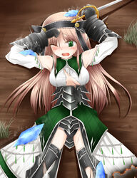  armor breasts burning commentary_request crystal detached_sleeves fantasy_earth fantasy_earth_zero female gloves grass green_eyes long_hair lying medium_breasts rapier ribbon shimo_(depthbomb) solo sword tears torn_clothes warrior_(azalea_armor)_(fantasy_earth_zero) warrior_(fantasy_earth) weapon 