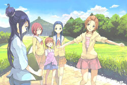  5girls blue_eyes blue_hair brown_hair commentary_request futari_wa_precure_splash_star half_updo hood hoodie hyuuga_minori hyuuga_saki kiryuu_kaoru kiryuu_michiru long_hair mishou_mai multiple_girls open_mouth outdoors photoshop_(medium) precure purple_eyes purple_hair red_eyes red_hair school_uniform short_hair sleeves_rolled_up smile toromi_chuuka very_short_hair yuunagi_middle_school_uniform 