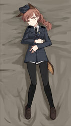  alexandra_serbanescu animal_ears black_pantyhose braid brown_eyes brown_hair chikiso commentary_request dog_ears dog_girl dog_tail female hat long_hair lying military military_uniform necktie pantyhose scar shoes single_braid solo tail uniform world_witches_series 