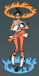  aperture_science_handheld_portal_device bare_shoulders black_hair blue_eyes chell commentary_request female jemma jumpsuit long_fall_boots long_hair orange_jumpsuit ponytail portal_(object) portal_(series) portal_1 portal_2 solo tank_top 