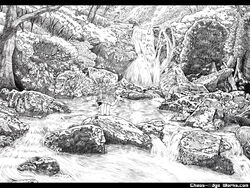  barefoot cirno commentary_request etogami_kazuya female greyscale highres letterboxed monochrome nature rock solo stream touhou water waterfall wings 