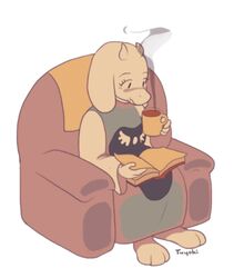  2015 animated anthro beverage biped blush book boss_monster_(undertale) bovid caprine chair chairiel clothed clothing digital_media_(artwork) female fur furniture holding_object horn long_ears low_res mammal paws reading robe short_playtime simple_background sitting solo temmie_chang toriel undertale undertale_(series) white_background white_body white_fur 