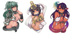  3girls armor bare_shoulders black_hair blue_eyes breasts cleavage echidna elf green_eyes green_hair long_hair lunaluna_(queen&#039;s_blade) menace midriff multiple_girls navel orange_eyes pointy_ears ponytail queen&#039;s_blade queen&#039;s_blade_rebellion rocb runaruna smile snake striped underboob 