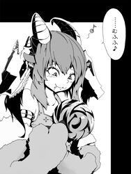  :3 baphomet baphomet_(mamono_girl_lover) candy co-tea drooling eating female female horns mamono_girl_lover monochrome monster_girl monster_girl_encyclopedia paws short_hair solo translation_request 