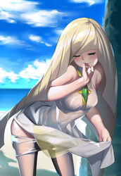  beach blonde_hair blush clothes_lift cloud commentary crop_top day dress dress_lift female green_eyes guratan hand_to_own_mouth leggings leggings_pull long_hair lusamine_(pokemon) navel ocean one_eye_closed outdoors photoshop_(medium) pokemon pokemon_sm see-through sky sleeveless sleeveless_dress solo sweat tree very_long_hair wet 