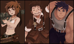  2boys advance_wars advance_wars:_dual_strike andy_(advance_wars) bad_id bad_pixiv_id bandaid bandolier blue_hair brown_hair column_lineup crop_top cropped_jacket dog_tags female headband max_(advance_wars) michenjomo military military_uniform military_vehicle motor_vehicle multiple_boys muscular navel orange_hair pouch rocket_launcher sami_(advance_wars) sepia smile star_(symbol) suspenders tank uniform weapon 