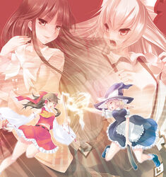  4girls album_cover apron arm_garter armpits ascot bad_id bad_pixiv_id black_footwear black_hat black_skirt blonde_hair blouse bobby_socks bow braid breasts broom broom_riding brown_eyes brown_hair cover detached_sleeves eye_contact fujiwara_no_mokou gohei hair_tubes hairbow hakurei_reimu hat hat_ribbon hime_cut houraisan_kaguya kirisame_marisa loafers long_hair long_sleeves looking_at_another m.h.s maki_(seventh_heaven_maxion) medium_breasts mini-hakkero multiple_girls nontraditional_miko open_mouth outstretched_arm photoshop_(medium) ponytail puffy_short_sleeves puffy_sleeves red_bow ribbon seventh_heaven_maxion shirt shoes short_hair short_sleeves sidelocks skirt smile socks suspenders touhou transparent very_long_hair vest waist_apron white_bow white_legwear white_ribbon witch_hat 