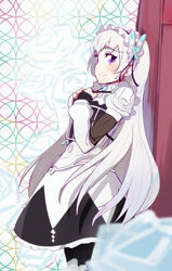  ayatori_(sensei_heroism) black_pantyhose blush butterfly_hair_ornament chaika_trabant commentary_request dress female hair_ornament hairband hitsugi_no_chaika lolita_hairband long_hair long_sleeves looking_at_viewer pantyhose puffy_sleeves purple_eyes smile solo white_hair 