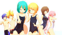  2boys 4girls aqua_eyes aqua_hair bare_shoulders blonde_hair blue_eyes brown_hair commentary_request competition_swimsuit hair_ornament hairclip hatsune_miku kagamine_len kagamine_rin kaito_(vocaloid) long_hair looking_at_viewer male_swimwear mamama megurine_luka meiko_(vocaloid) multiple_boys multiple_girls navel no_nipples one-piece_swimsuit one_eye_closed pink_hair project_diva_(series) project_diva_f school_swimsuit short_hair simple_background smile stomach swim_trunks swimsuit v vocaloid 