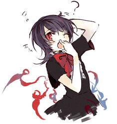  asymmetrical_wings black_hair bow female houjuu_nue oerba_yun_fang one_eye_closed open_mouth red_eyes ribbon shiina_aya short_hair solo touhou wings yawning 