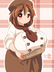  breast_rest breasts brown_hair eno_konoe fat female hat huge_breasts looking_at_viewer mikomu original red_eyes smile solo standing thick_eyebrows 