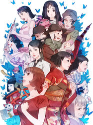  2boys 6+girls ani_kuri15 bug butterfly chiba_atsuko commentary_request creator_connection crossover daruma_doll doll dual_persona egasumi esukee frills fujiwara_chiyoko gathers gin_(tokyo_godfathers) hana_(tokyo_godfathers) japanese_clothes kimono kirigoe_mima kiyoko_(tokyo_godfathers) kon_satoshi_(director) maneki-neko maromi miyuki_(tokyo_godfathers) mousou_dairinin multiple_boys multiple_girls multiple_persona obi obiage obijime paprika paprika_(character) perfect_blue sagi_tsukiko sash seigaiha sennen_joyuu shounen_bat tokyo_godfathers tokyo_tower torii yagasuri 