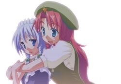  2girls aqua_eyes beret blue_eyes braid commentary_request fumotono_mikoto grey_hair hat hong_meiling hug hug_from_behind izayoi_sakuya maid maid_headdress multiple_girls red_hair side_braid simple_background star_(symbol) touhou twin_braids white_background 