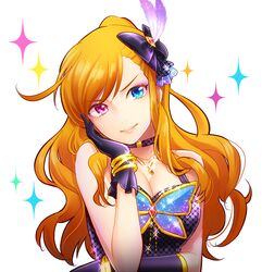  bad_id bad_pixiv_id blue_eyes bracelet breasts brooch choker cleavage commentary_request female gloves hair_ornament heterochromia idolmaster idolmaster_(classic) idolmaster_one_for_all jewelry leon_(idolmaster) long_hair medium_breasts orange_hair purple_eyes sleeveless star_(symbol) starry_background tayoko 