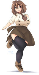  breasts brown_hair eno_konoe female large_breasts looking_at_viewer mikomu open_mouth original plump red_eyes smile solo standing thick_eyebrows thick_thighs thighhighs wide_hips 