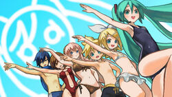  2boys 4girls bikini blonde_hair blue_hair brown_hair commentary_request green_hair hatsune_miku kagamine_len kagamine_rin kaito_(vocaloid) long_hair male_swimwear mamama megurine_luka meiko_(vocaloid) multiple_boys multiple_girls one-piece_swimsuit photoshop_(medium) pink_hair project_diva project_diva_(series) school_swimsuit short_hair shorts swim_trunks swimsuit swimwear_(module) vocaloid 