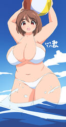  breasts brown_hair cleavage curvy eno_konoe female huge_breasts looking_at_viewer mikomu navel open_mouth original plump red_eyes smile solo standing swimsuit thick_eyebrows thick_thighs wide_hips 