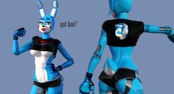  2016 3d_(artwork) animatronic anthro black_nose blender_(artwork) blue_body blue_skin bottomwear breasts clothed clothing digital_media_(artwork) disembowell_(artist) female fist_pump five_nights_at_freddy&#039;s five_nights_at_freddy&#039;s_2 front_view green_eyes hi_res lagomorph leporid lips looking_at_viewer machine mammal midriff portrait rabbit rear_view robot rule_63 scottgames shirt shorts simple_background skimpy solo text three-quarter_portrait topwear toy_bonnie_(fnaf) toy_bonnie_(psychojohn2) under_boob white_body white_skin 