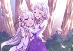  2girls aunt_and_niece bare_shoulders blush braid breasts cleavage closed_eyes commentary_request cowboy_shot crown_braid detached_collar detached_sleeves elbow_gloves elf emilia_(re:zero) flower fortuna_(re:zero) gloves hair_flower hair_ornament hair_ribbon happy_birthday hug long_hair looking_at_viewer medium_breasts minato_yoshihiro multiple_girls one_eye_closed open_mouth pleated_skirt pointy_ears re:zero_kara_hajimeru_isekai_seikatsu ribbon sidelocks skirt smile tears tied_hair white_flower white_hair white_skirt wings x_hair_ornament 