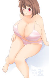  blush breasts brown_hair cleavage eno_konoe female huge_breasts looking_at_viewer mikomu original parted_lips plump red_eyes sitting solo swimsuit thick_eyebrows 