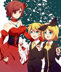  1boy 2girls akujiki_musume_conchita_(vocaloid) aqua_eyes arte_(evillious_nendaiki) bad_id bad_pixiv_id banica_conchita blonde_hair brown_eyes brown_hair dress evillious_nendaiki flower gown hair_flower hair_ornament hair_ribbon hairclip kagamine_len kagamine_rin meiko_(vocaloid) multiple_girls pollo_(evillious_nendaiki) red_dress red_flower red_rose ribbon rose short_hair siblings smile twins vocaloid yayata_(884) 