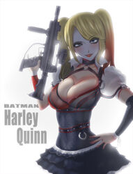  basara batman_(series) blonde_hair bloom blue_eyes breasts character_name cleavage dc_comics dress female female gun hand_on_hip harley_quinn lipstick looking_at_viewer makeup nasara solo twintails weapon 