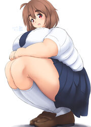  breasts brown_hair eno_konoe fat female full_body huge_breasts looking_at_viewer mikomu open_mouth original red_eyes skirt smile solo squatting thick_eyebrows thick_thighs 