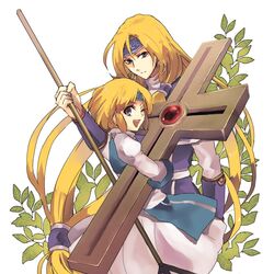  1boy bad_id bad_pixiv_id blonde_hair brother_and_sister clarinet_(violinist_of_hameln) cornet_(violinist_of_hameln) cross earrings female headband jewelry leaf long_hair low-tied_long_hair one_eye_closed sanzasi siblings staff very_long_hair violinist_of_hameln 