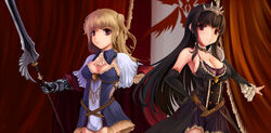  2girls armor black_hair breasts brown_hair cleavage crown elbow_gloves long_hair original pink_eyes red_eyes rhineheim spear weapon 