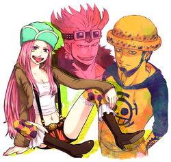  2boys belt boots earrings eustass_captain_kid facial_hair fur_jacket goatee goggles hands_in_pockets hat hood hoodie itsuki_(nightlight) jewelry jewelry_bonney jolly_roger midriff multiple_boys one_piece patterned_legwear piercing pink_hair purple_eyes raglan_sleeves red_hair sabaody_archipelago shorts supernova suspenders tattoo trafalgar_law 