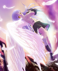  angel_beats! aquakurow blazer commentary_request feathers female highres jacket long_hair photoshop_(medium) purple_hair school_uniform skirt solo tachibana_kanade wings yellow_eyes 