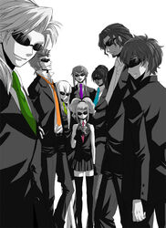  4boys 4girls anya_alstreim bismarck_waldstein code_geass commentary_request dorothea_ernst fishnet_pantyhose fishnets gino_weinberg kururugi_suzaku luciano_bradley monica_kruszewski monochrome multiple_boys multiple_girls necktie nonette_enneagram pantyhose spot_color sunglasses thighhighs yupopo_(hidame) 