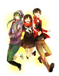  1boy 2girls arm_hug asahimachi asymmetrical_bangs black_footwear black_hair black_sailor_collar black_serafuku black_shirt black_skirt black_socks brown_eyes brown_pants circle closed_mouth collarbone collared_jacket commentary_request enpera facing_viewer fast_forward_button fringe_trim full_body gradient_background green_footwear green_hair green_pants hair_between_eyes hair_ornament hair_over_one_eye hairclip hands_in_pockets highres hood hood_up hoodie jacket jumping kagerou_project kido_tsubomi kisaragi_shintarou light_smile loafers long_bangs long_hair long_sleeves looking_at_viewer looking_to_the_side mekakucity_actors midair multiple_girls neckerchief one_eye_covered open_clothes open_jacket open_mouth pants pants_rolled_up photoshop_(medium) pleated_skirt pocket popped_collar print_hoodie purple_eyes purple_hoodie red_jacket red_scarf red_shirt rewind_button sailor_collar scarf school_uniform serafuku shirt shoes short_hair single_stripe skirt smile socks t-shirt tateyama_ayano track_jacket triangle two-tone_footwear unzipped v-neck wavy_mouth white_background white_footwear white_neckerchief white_stripes zipper 